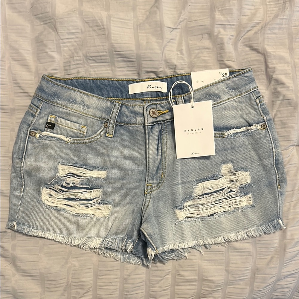 KanCan Women's Frayed Light Blue Jean Shorts